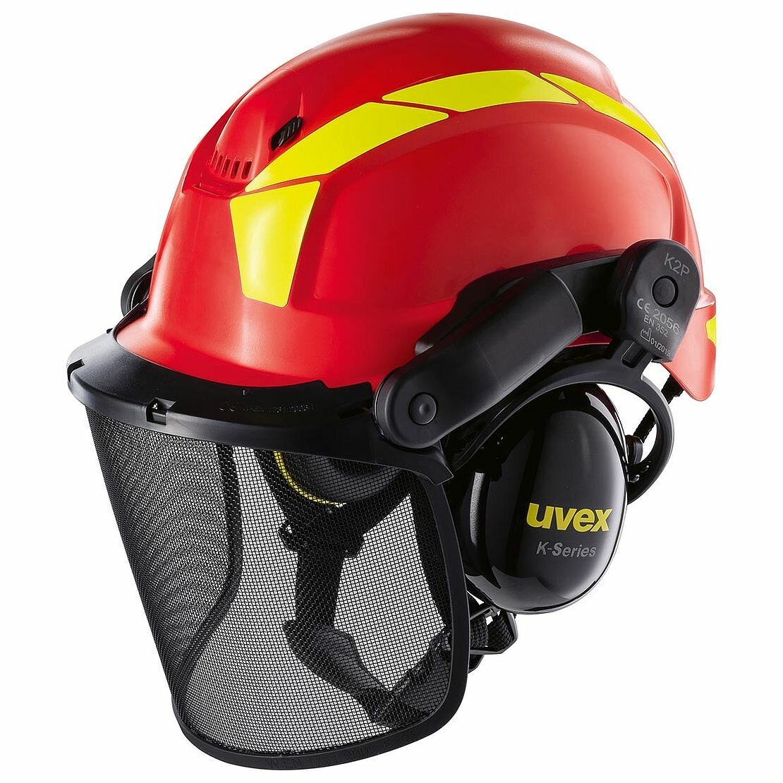 czerwony kask dla pilarzy z metalową osłoną twarzy