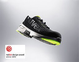 Red Dot Design Award Winner 2013 for uvex 1 x-tended support uvex 1 x-tended support safety shoe on grey background
