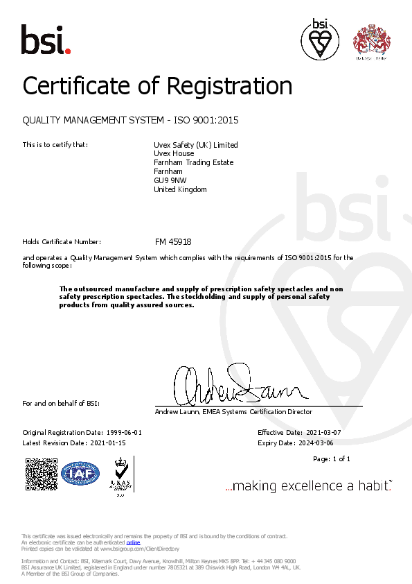 UVEX SAFETY (UK) LTD 9001-2015 certificate