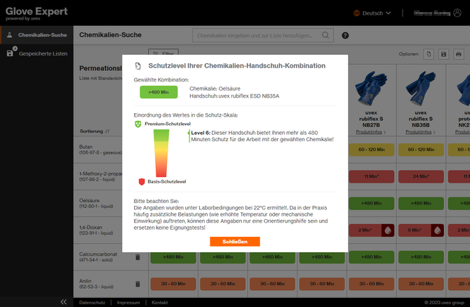 uvex glove expert Onlinetool für Chemikalienschutzhandschuhe Schutzlevel-Information