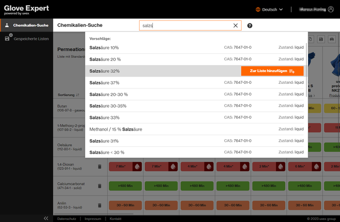 uvex glove expert Onlinetool für Chemikalienschutzhandschuhe Suchfunktion