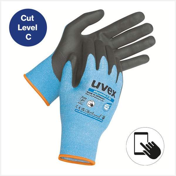 uvex phynomic XG safety glove with very high cut protection level C, oil grip and touchscreen compatibility