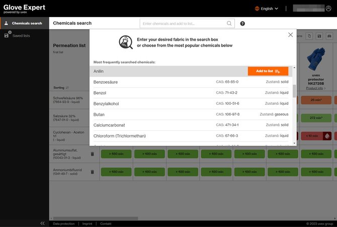 uvex glove expert online tool for chemical protection gloves search function