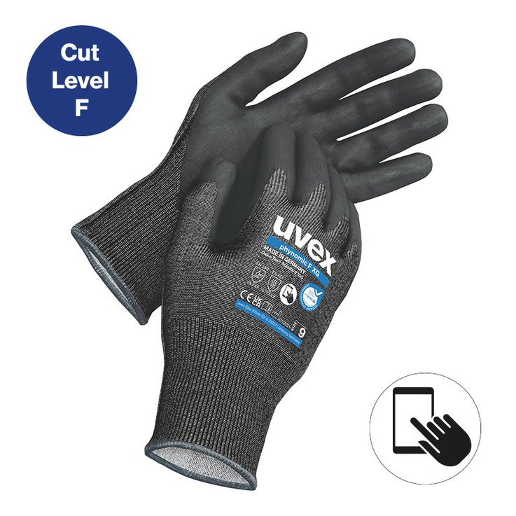 uvex phynomic F XG safety glove with highest cut protection level F, oil grip and touchscreen compatibility