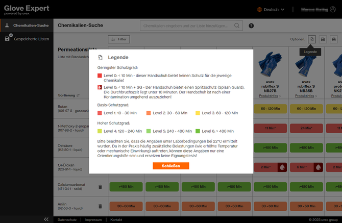 uvex glove expert Onlinetool für Chemikalienschutzhandschuhe Legende