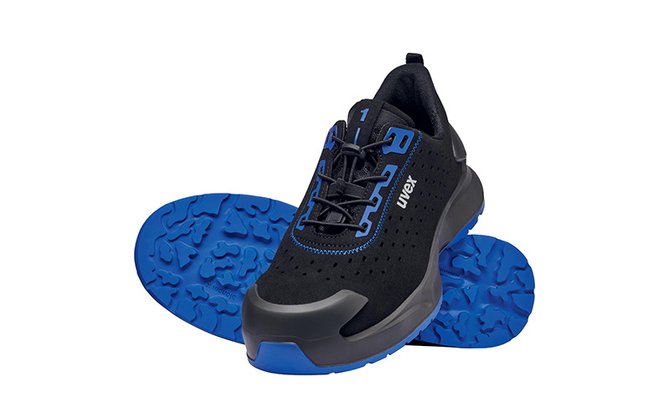 [Translate to French:] flexible safety shoe S1, perforated shoe black and blue