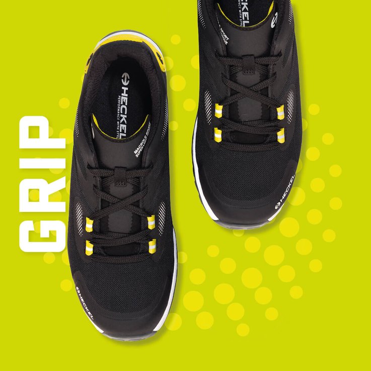 Affiche des chaussures de sécurité MACSOLE SPORT vu du dessus, GRIP résistance à la glisse