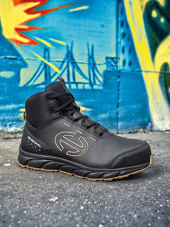 FREE RUN BLACK HIGH safety trainers with graffiti background