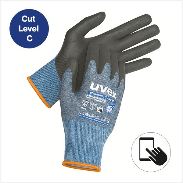 uvex phynomic C XG safety gloves with very high cut protection level C, ESD function, oil grip and touchscreen compatibility