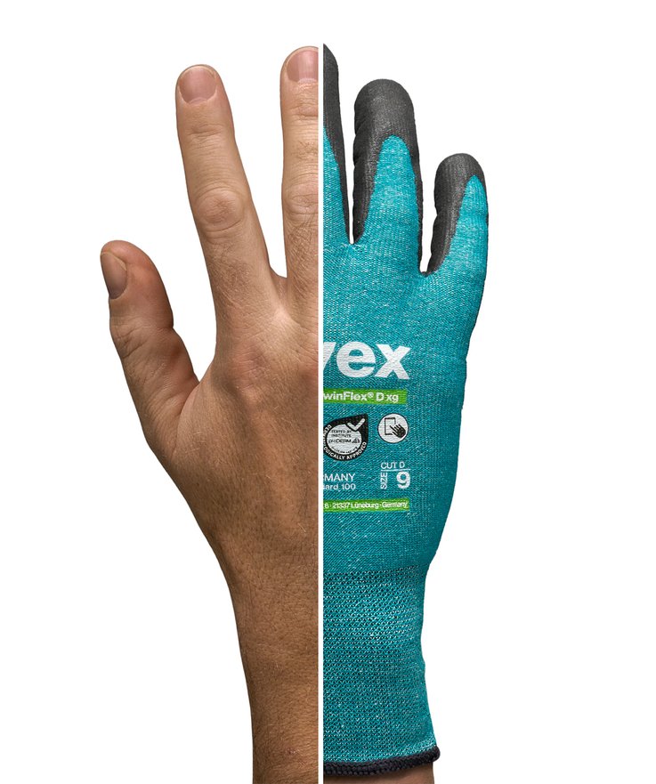 [Translate to French:] Back of hand view of the perfectly fitting uvex Bamboo Twinflex protective glove