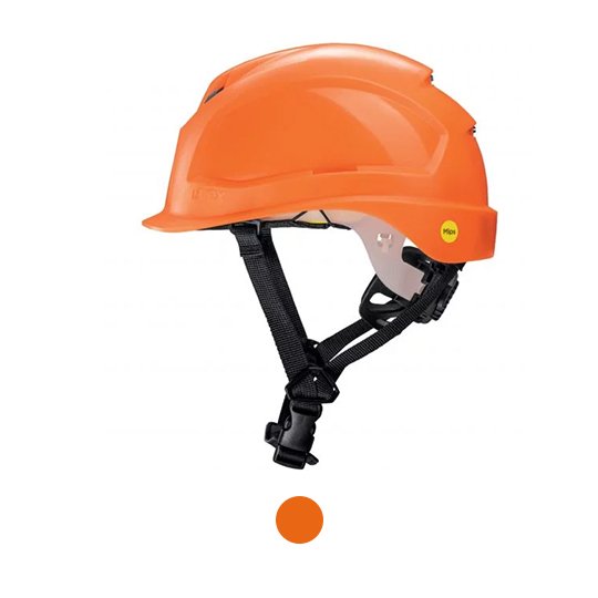 rotational energy absorbing uvex pheos SK-R MIPS safety helmet with chin strap, variable width adjustment and short brim