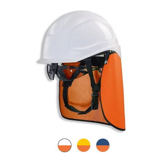 uvex pheos SKR safety helmet with integrated spectacle clip, safety spectacles, chin strap and orange neck protection