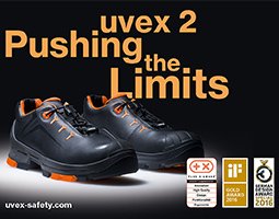 uvex 2 black and orange safety shoes with award logo