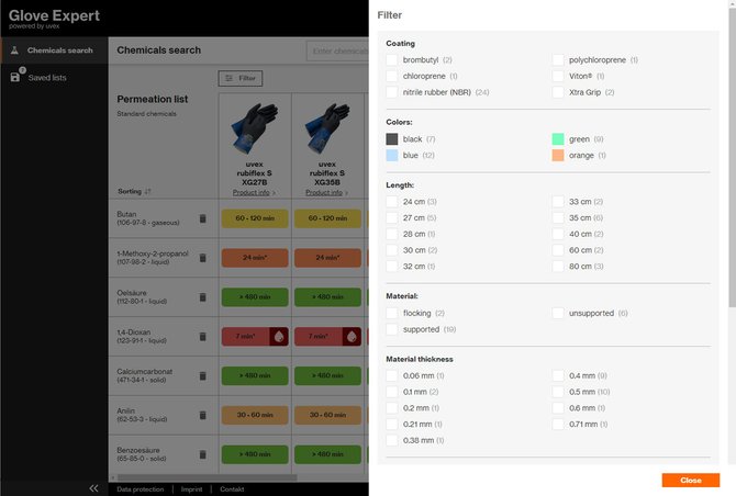 uvex glove expert online tool for chemical protection gloves product filters