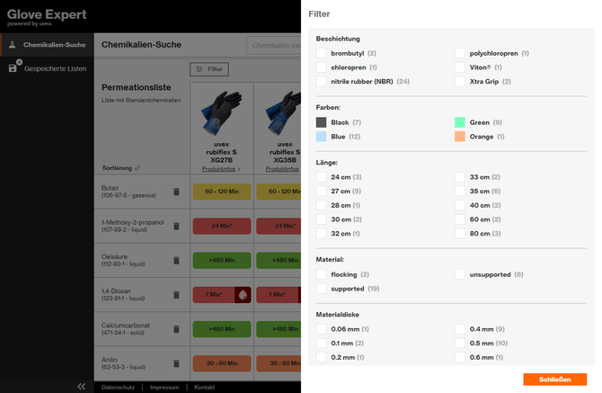 uvex glove expert Onlinetool für Chemikalienschutzhandschuhe Produktfilter