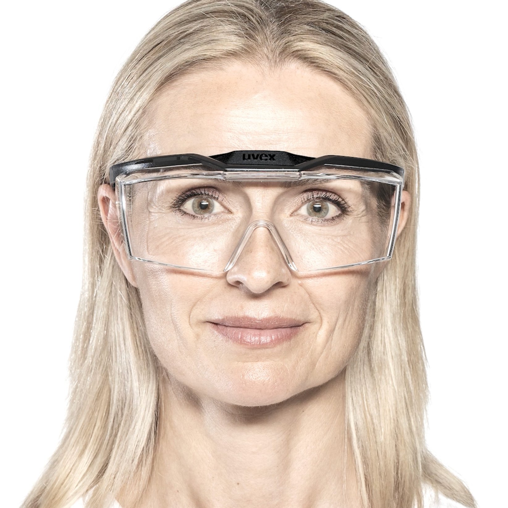 Woman without prescription spectacles and uvex OTG plus overspecs