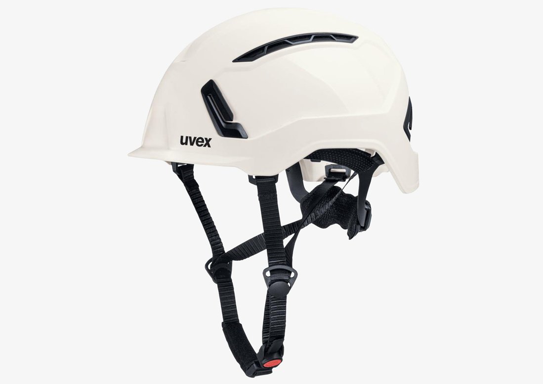 uvex pronamic alpine industrial climbing helmet with chin strap and ventilation white