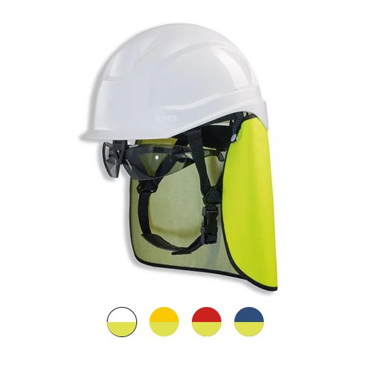 uvex pheos SKR safety helmet with integrated spectacle clip, safety spectacles, chin strap and yellow neck protection