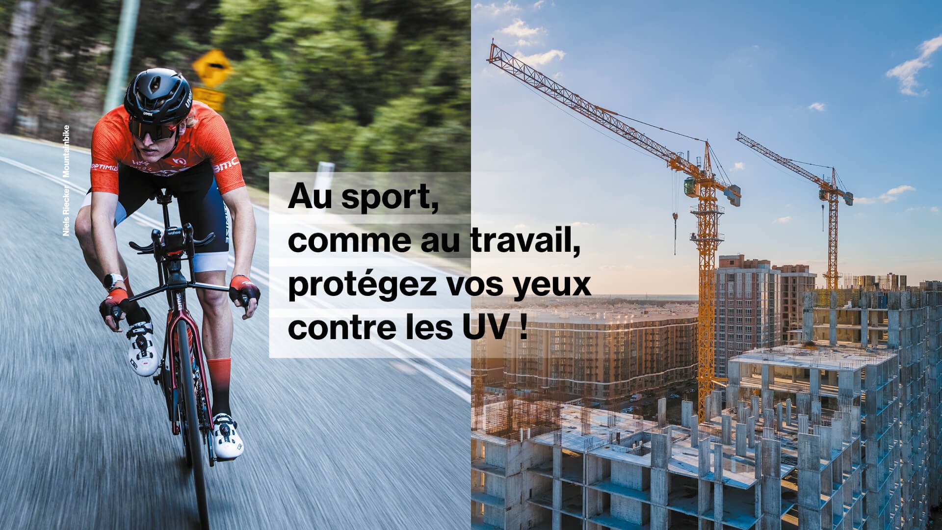 Cycliste portant des lunettes uvex sport et image de chantier de construction