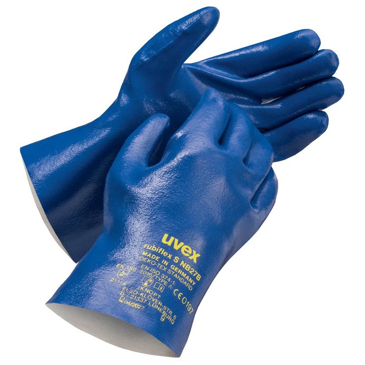 blue, stockinette, abrasion resistant chemical protection glove with high tactile feel