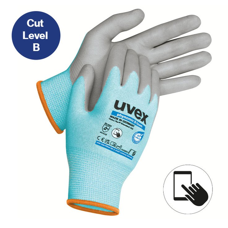 uvex phynomic B foam safety glove with cut protection level B and touchscreen compatibility