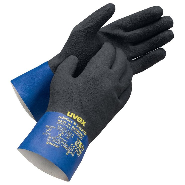 black and blue stockinette, multi-layered chemical protection glove with excellent grip