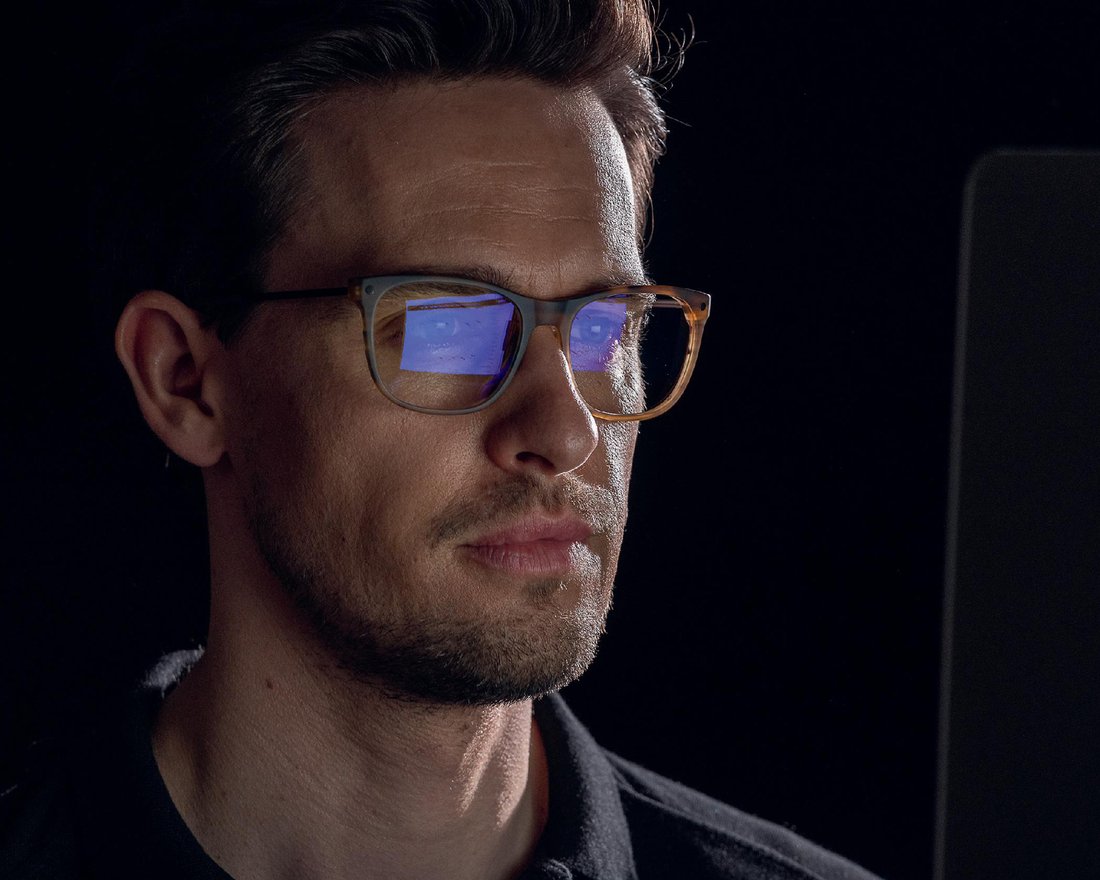 prescription screen glasses with blue filter for protection against fatigue and headaches associated with working at a monitor