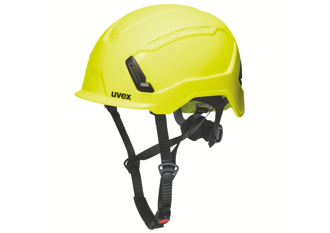uvex pronamic alpine E industrial climbing helmet with chin strap and enclosed helmet shell yellow