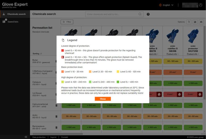 uvex glove expert online tool for chemical protection gloves legend