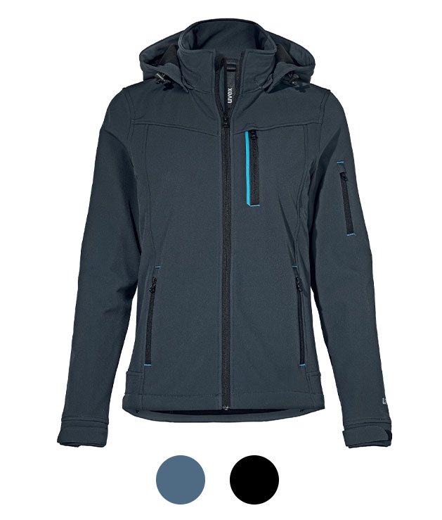 Hooded women's softshell work jacket in blue