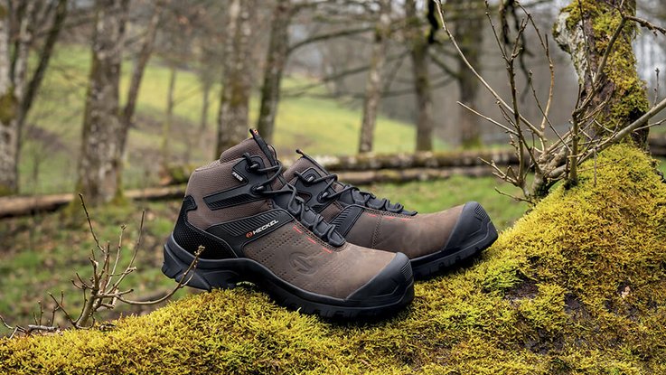 Chaussures de sécurité Heckel posées sur un tronc d'arbre en forêt