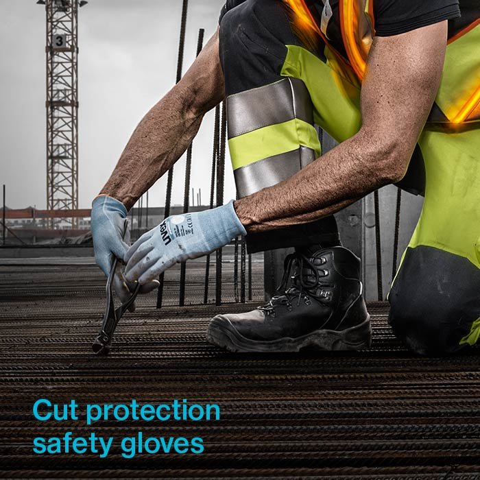 uvex cut protection gloves used on a construction site