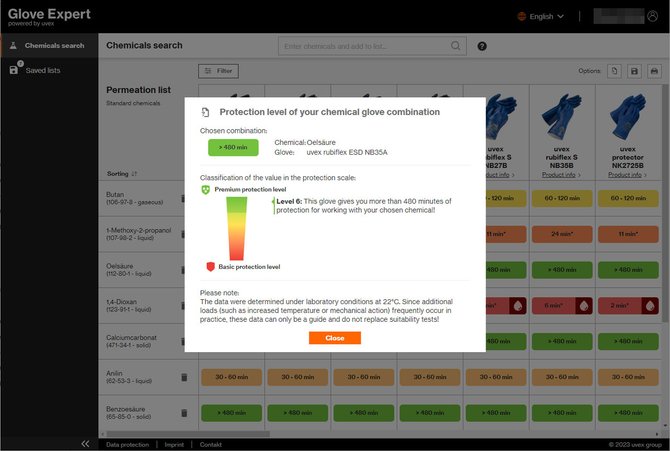 uvex glove expert online tool for chemical protection gloves protection level information