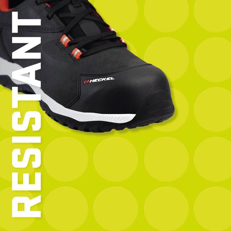 Affiche des chaussures de sécurité MACSOLE SPORT avec zoom sur le bout de la chaussure, recouvert de TPU renforcé, résistant 