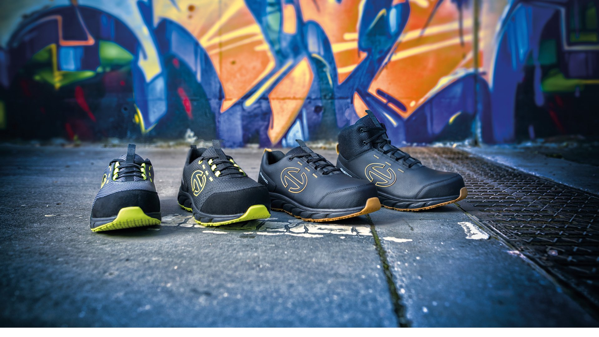 FREE RUN safety trainers with graffiti background