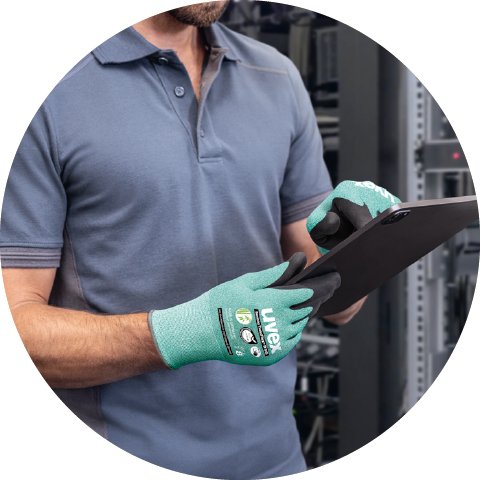 Zoom en situation gants de protection anti-coupures uvex Bamboo TwinFlex D SG avec fibres de bambou (N° d'article 60092)