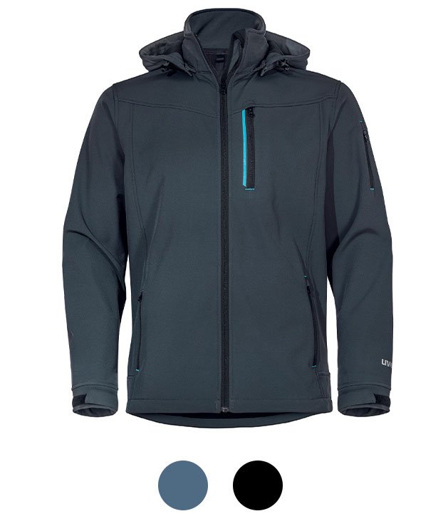 Men's hooded softshell work jacket in blue