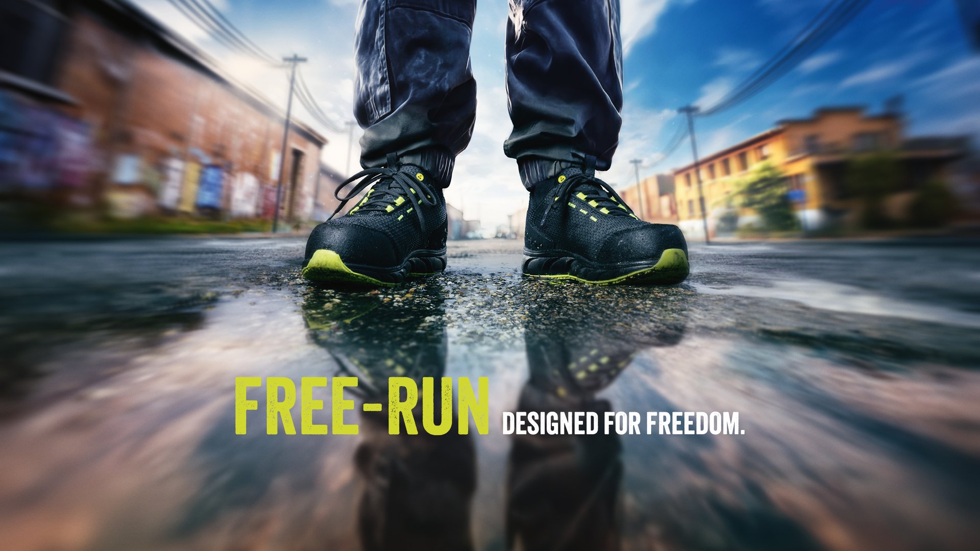 FREE RUN PUTEK LOW safety trainers in a puddle