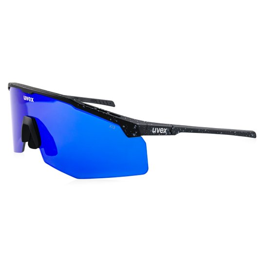 uvex apex safety glasses – Black, White Splatter / Blue Mirror Lens