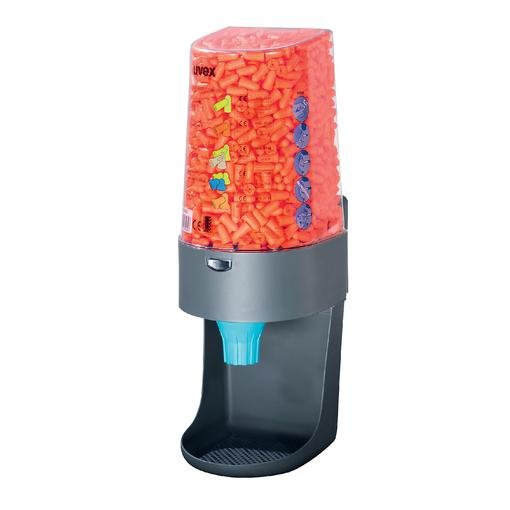 Distributeur uvex « one 2 click » rempli de bouchons uvex com4-fit